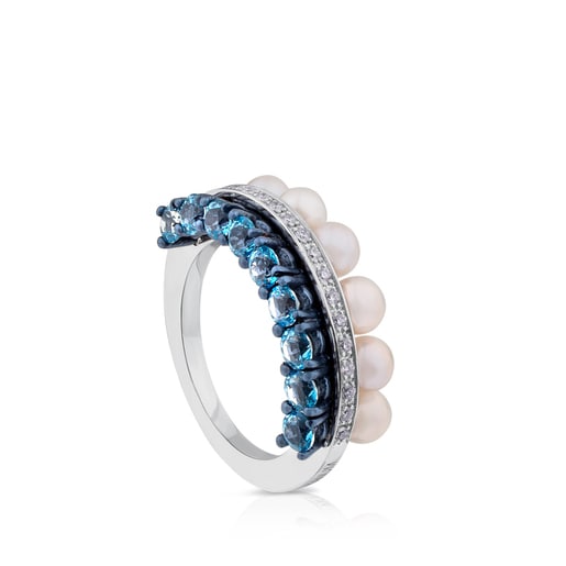 Кольцо Layers из титана и белого золота с топазом и жемчугом