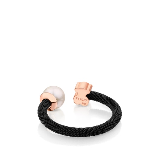 Anillo de acero IP negro con baño de oro rosa 18 kt sobre plata y perla cultivada motivo oso Icon Mesh