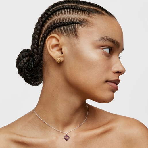 パープルのIPスティールのトリプルハートをあしらったシルバーネックレスBickie