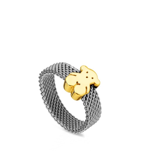 Anillo de acero y oro motivo oso estrecho Mesh