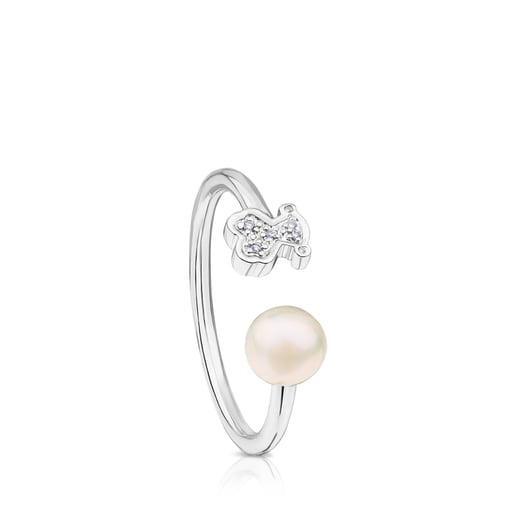 Bague Puppies en Or blanc avec Diamants et Perle.