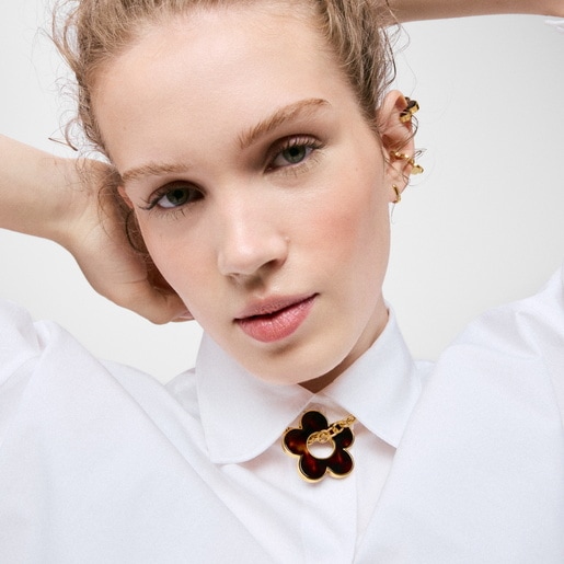 40 mm gold-colored steel, white resin and black cord flower Necklace TOUS Galaxy