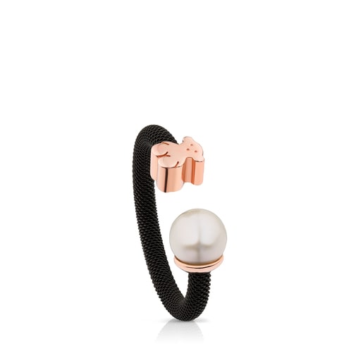 Black IP Steel and Rose Vermeil Silver TOUS Icon Mesh Ring with 0,65cm Pearl