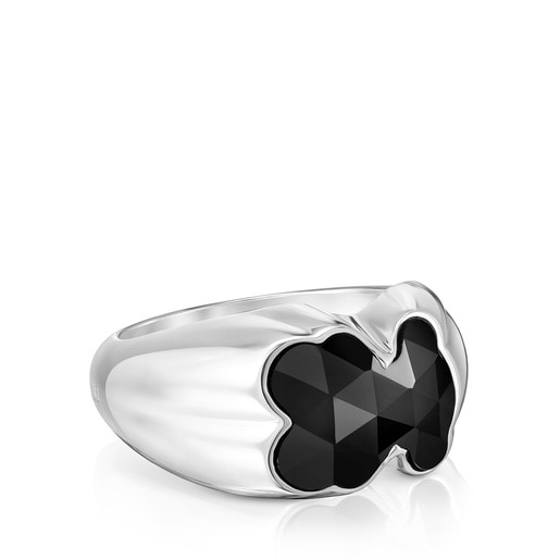 Medium silver Ring with bear motif in onyx TOUS Icon Color