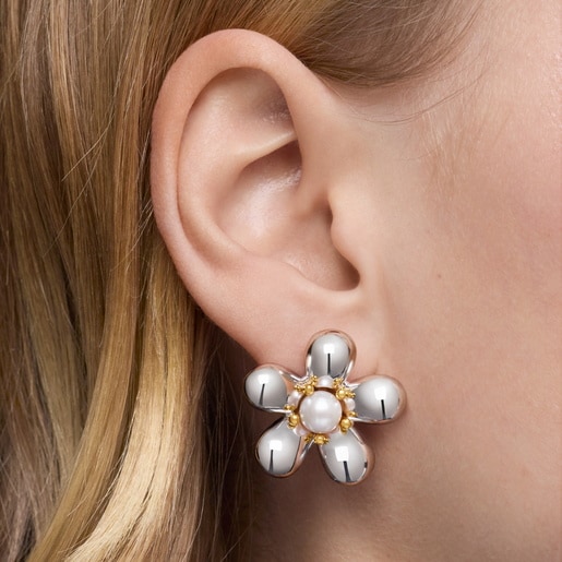 Two-tone flower Earrings with  mm cultured pearls Daisy