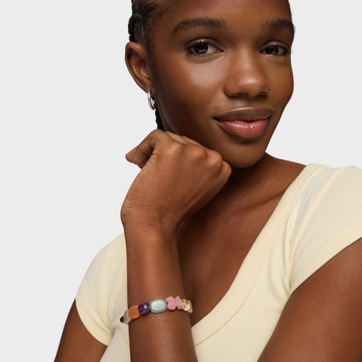 Pulsera de plata con gemas y oso de rodonita TOUS Color