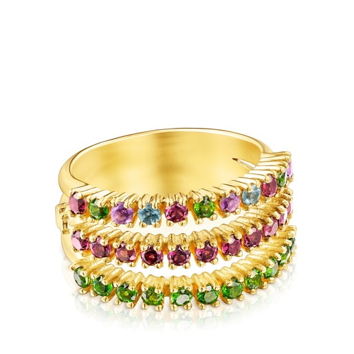 Silver Vermeil TOUS Straight Triple ring with gemstones
