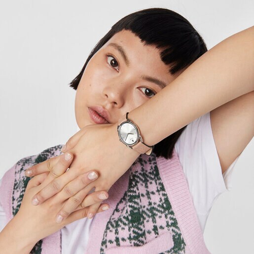 Montre analogique Dai en acier avec bracelet en cuir Kaos rose