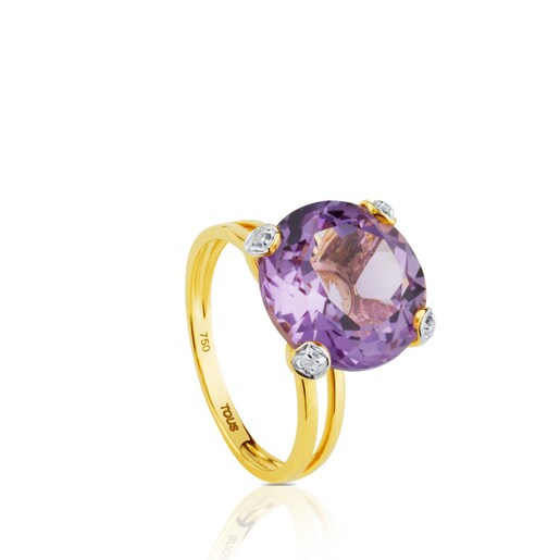 Gold Color Kings Ring with Diamonds and Amethyst TOUS