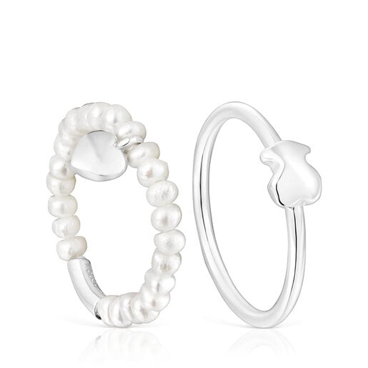 Silver and cultured pearls Mini Icons heart and bear Ring set