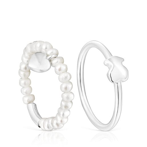 Silver and cultured pearls Mini Icons heart and bear Ring set | TOUS