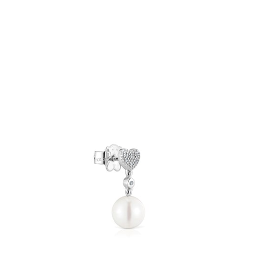 Κοντό μονό σκουλαρίκι καρδιά TOUS Grain από λευκόχρυσο με διαμάντια και καλλιεργημένο μαργαριτάρι