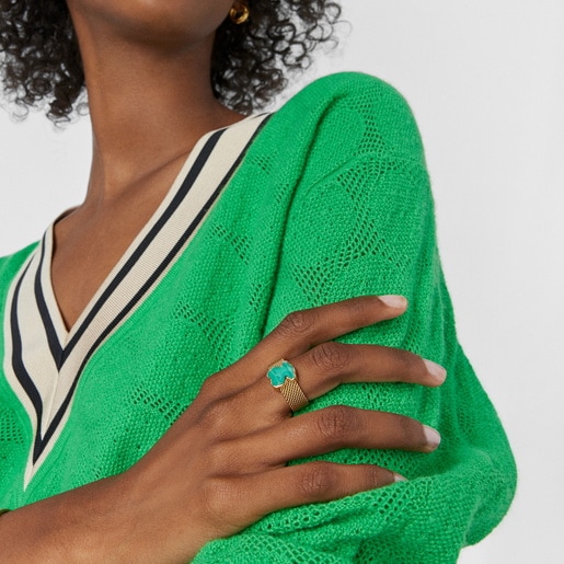 Gold-colored IP Steel Mesh Color Ring with Malachite Bear motif