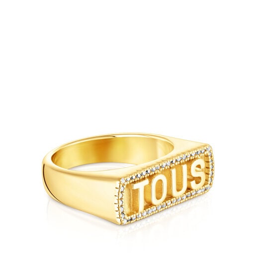 Silver vermeil Signet ring with diamonds Logo | TOUS