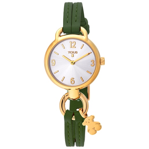 Goldcolored IP Steel Hold Watch with green Leather strap TOUS