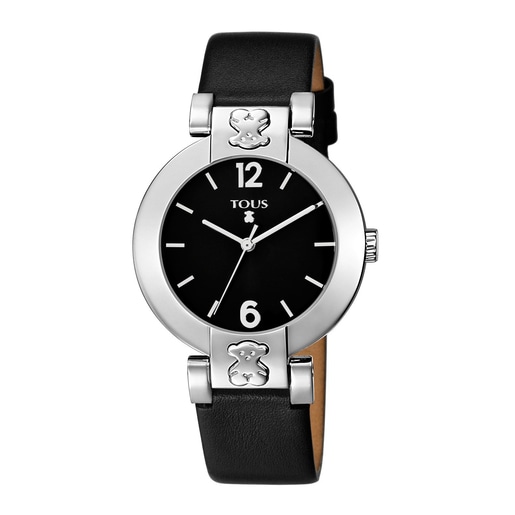 Montre Plate Round en Acier avec bracelet en Cuir noir