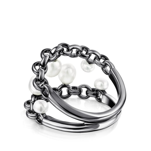 Dark silver Virtual Garden Ring with cultured pearls | TOUS