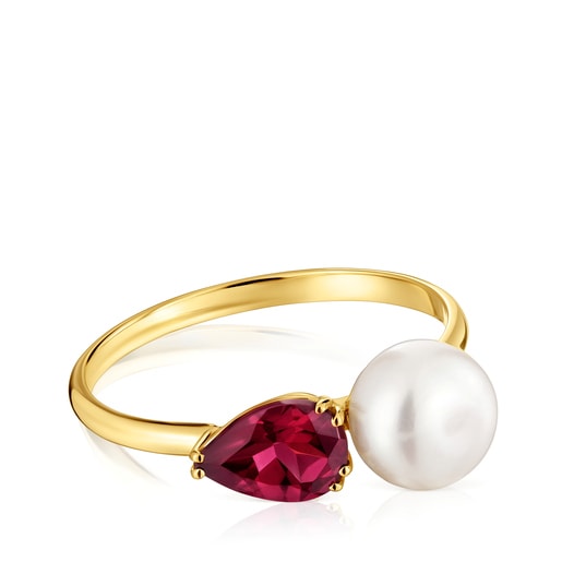 Gold Ring with rhodolite and cultured pearl Ivette