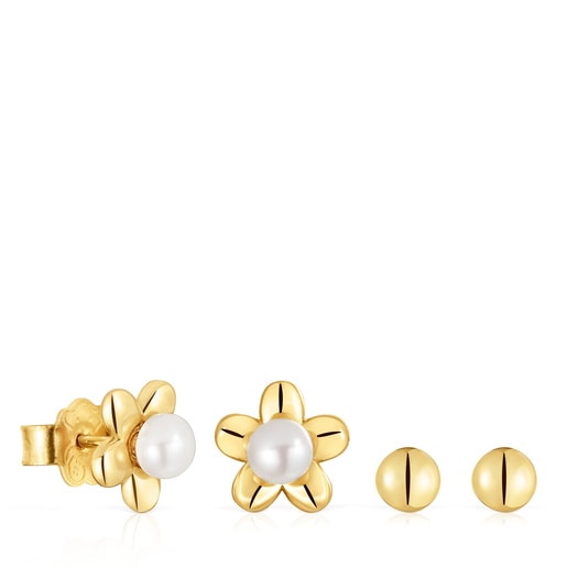 Pack de aretes con baño de oro 18 kt sobre plata motivo flor y perlas cultivadas Virtual Garden