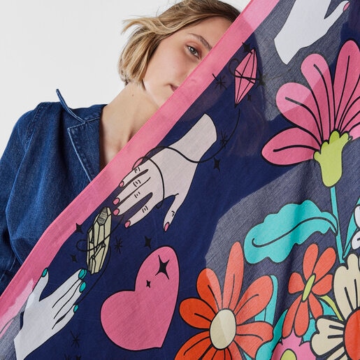 צעיף TOUS Magic Flowers מבד מודל בצבע כחול