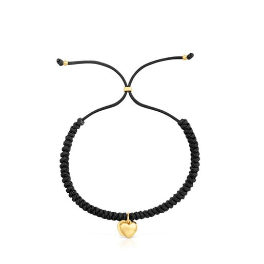 Pulsera de oro 14 kt doble corazón y nylon negro TOUS Flechazo
