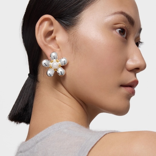 Boucles d’oreilles fleur bicolores et perles de culture 36 mm Daisy