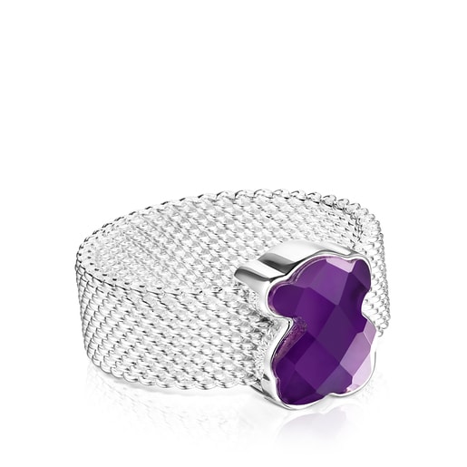 Silver TOUS Mesh Color Ring with faceted Amethyst Bear motif