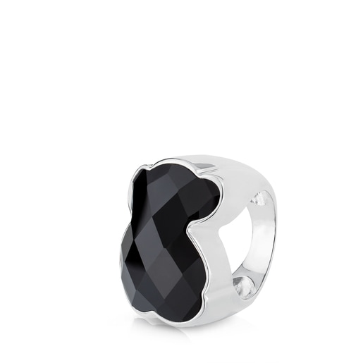 Silver TOUS Color Ring with faceted onyx Bear motif