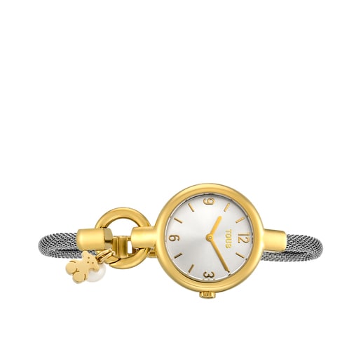 Tous Hold Charms - Zegarek ze stali szlachetnej i stali szlachetnej w kolorze żółtego złota z misiem i perłą