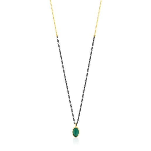Gold and Oxidized Silver Gem Power Necklace with green Agate