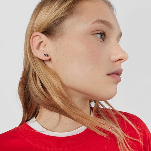 ピアス Motif くま・ハート　5mm　ピンクゴールドコーティング　ブラックスピネル