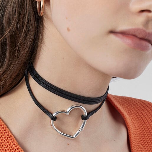 TOUS long Hold heart Necklace in Silver and black Leather | TOUS