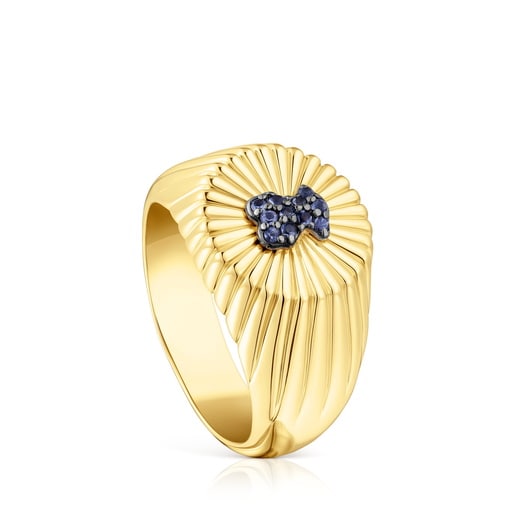 Chevalière en argent vermeil et ourson avec iolites Iris Motif