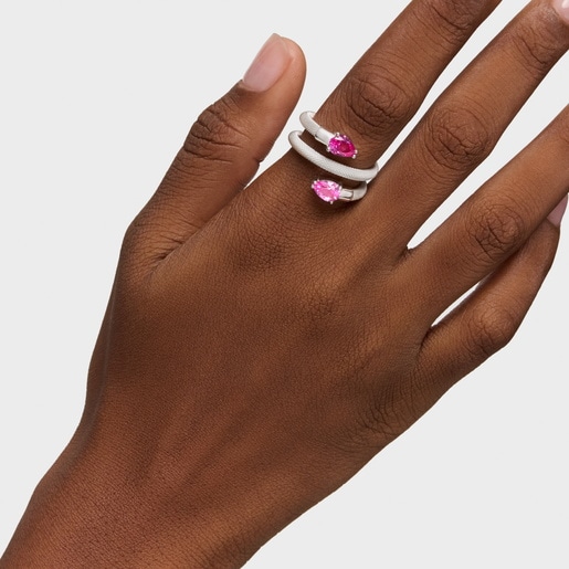 Anillo espiral de plata y gemas creadas en laboratorio TOUS Mesh LGG