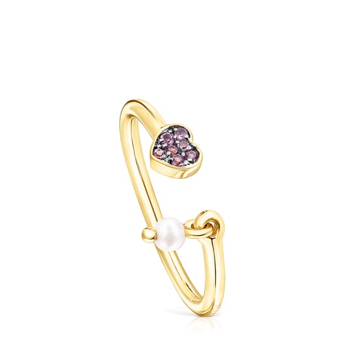 Silver vermeil TOUS New Motif Ring with amethyst heart and pearl