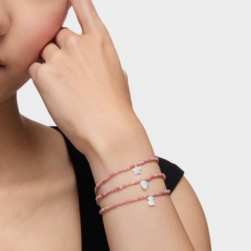 Pulsera elástica con ópalo rosa y corazón de plata TOUS Motivos