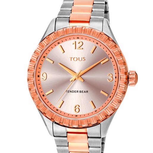 Two-tone rose gold-colored IP steel Tender Bear Watch with embossed bears