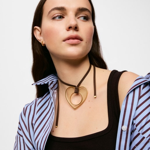 Gold-colored steel, white resin and black cord heart Necklace TOUS Galaxy