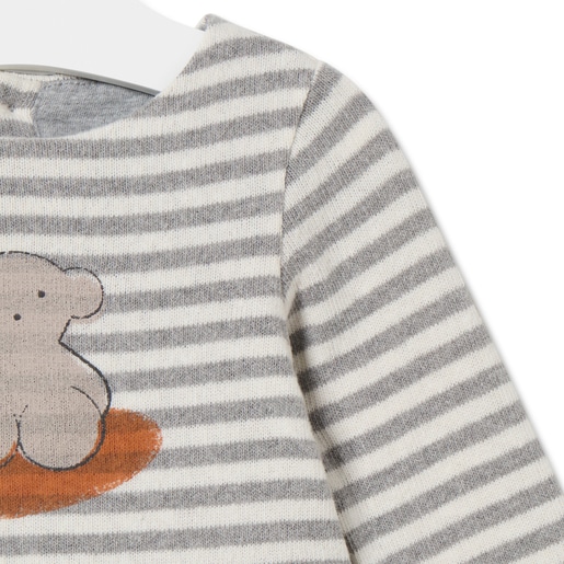 Vestido de menina às riscas com Urso Grey cor crua