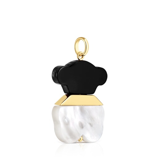 תליון Sweet Dolls בגודל 25 מ"מ מכסף בציפוי זהב 18 קראט עם אם הפנינה ואבן אוניקס