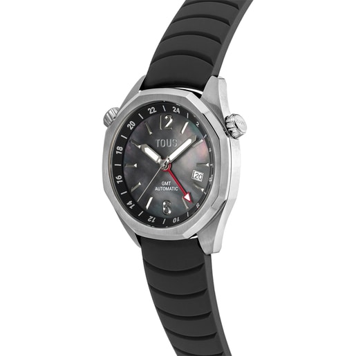 שעון אנלוגי Now של TOUS עם רצועת סיליקון שחורה, מארז מפלדה ועיצוב לוח שעון בגוון אם הפנינה.