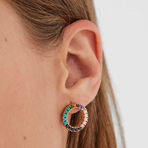 Straight large disc Earrings in Rose Silver Vermeil with Gemstones