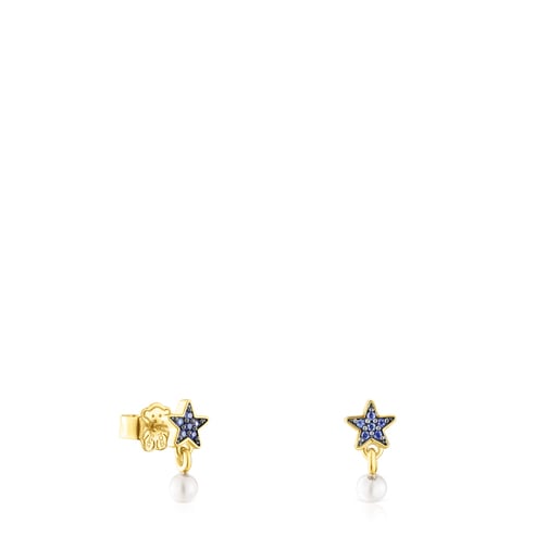 Pendientes con baño de oro 18 kt sobre plata y estrella de zafiros y perla TOUS New Motif