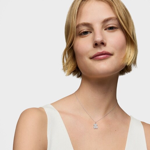 Collar corto oso de oro blanco con diamantes 16 mm Icon Gems
