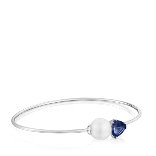 Bracelet manchette or blanc, iolite et perle de culture Ivette