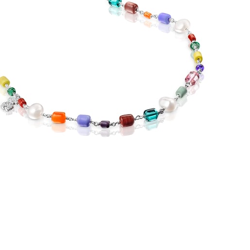 Long silver Oceaan Necklace with multicolored glass and pearls