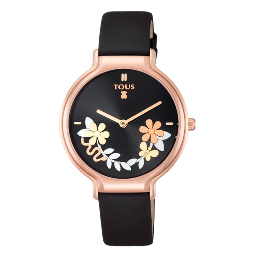 Pink IP Steel Real Mix Watch with black Leather strap