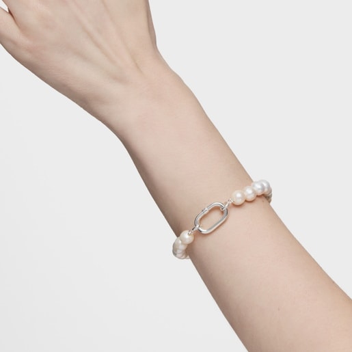 Pulsera con perlas cultivadas y anilla de plata Hold Oval