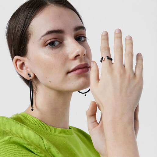Black IP Steel Mesh Color open Ring with Onyx