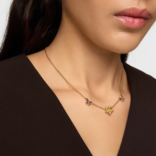 Short Necklace with 18kt gold plating over silver and amethyst Daisy
